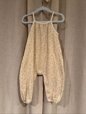 Quincy Mae Cream Smocked Jumpsuit with Pink Floral Print 12-18M Organic Cotton